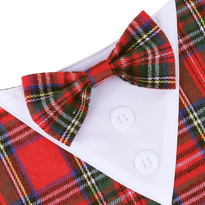ADOGGYGO Christmas Dog Tuxedo Bandana, Red Plaid Pet Chritstmas Collar with Bowtie, Adjustable Christmas Costume for Medium Dogs Pets (M)