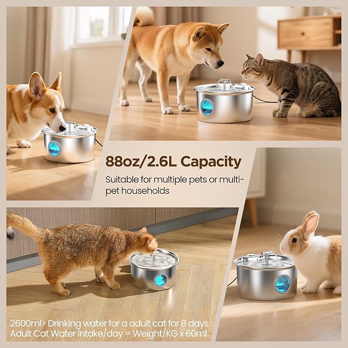 Cat Water Fountain Stainless Steel: Cat Fountain for Drinking with Filter - Pet Water Fountain for Cats Indoor - Automatic Pet Water Dispenser Bowl - 6 Carbon Filters & 3 Foam Filters