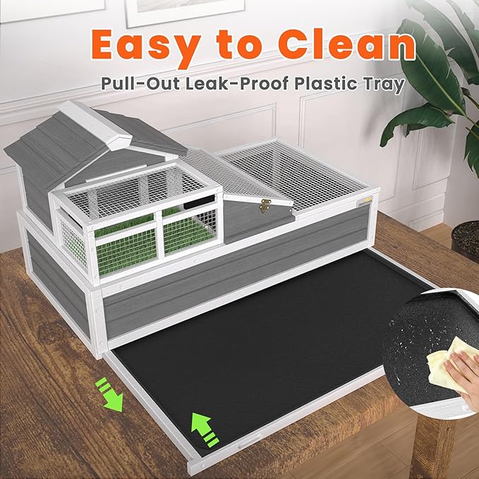 3-Room Large Tortoise Habitat with Pull-Out Tray, Wooden Reptile Enclosure Indoor & Outdoor with Ramp, Grass Mat, Openable Roof, Reptile Cage for Small Animals, Luxurious Tortoise House Villa, Gray