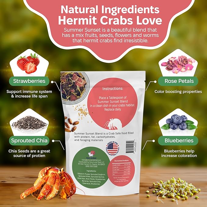 Summer Sunset Wild Hermit Crab Food – Silkworms, Berries & Rose Petals – 56g – Snout and Shell