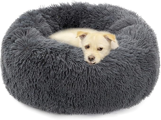 Calming Cat Bed, Soft Round Cuddler Dog Beds Fluffy Plush Faux Fur Pet Beds, Anit-Anxiety Self-Warming Comfy (20", Dark Grey)