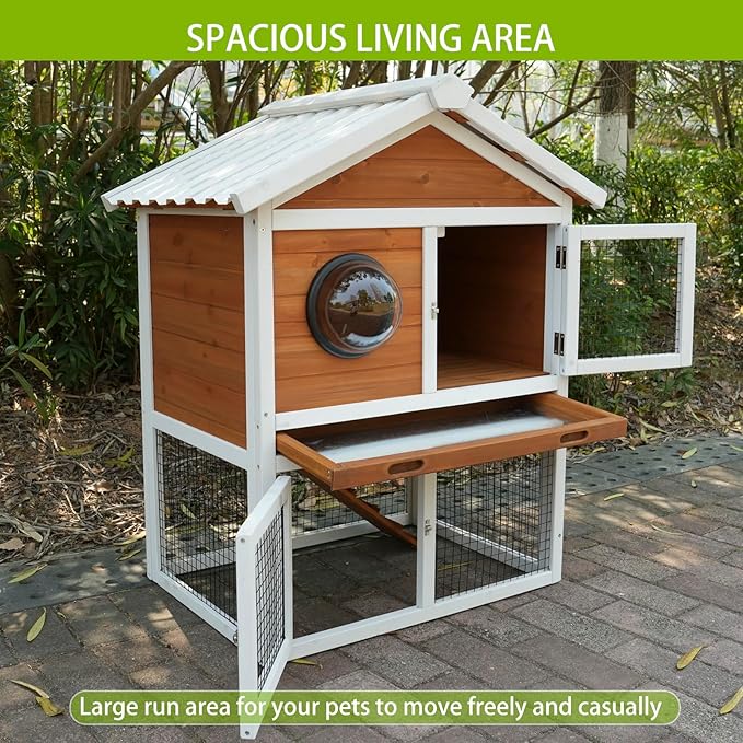 Wooden Rabbit Hutch with Matching PVC Material, Protected from Wind, rain and Snow, Rabbit House with ramped Stairs, Lockable Door, Ball Windows and Breathable mesh Door with Removable Tray.（84965）