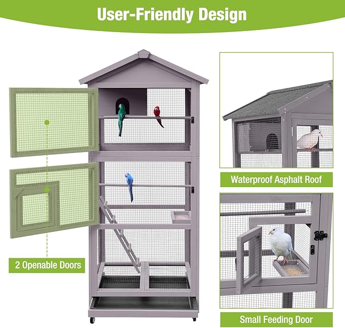 GUTINNEEN Bird Cage Outdoor Wooden Aviary Indoor, 70" H Large Parrot Cage with 4 Casters, Flight Bird Cages for Parrot Lovebirds Finches(Grey)