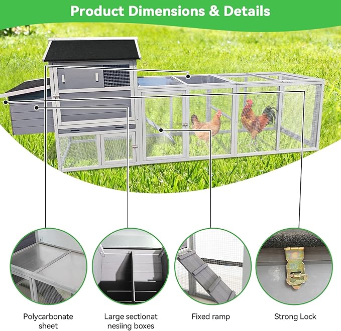 KEIKI 113" Large Outdoor Wooden Chicken Coop with Run and Nesting Box, Waterproof Hen House with Anti-UV Roof, Secure Latches, and Openable Top for Backyard Poultry, Gray