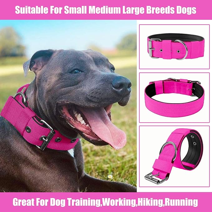 Heavy Duty Tactical Dog Collar - 1.5" Width Military Durable Thick Nylon with Adjustable Metal D Ring & Buckle Working Training K9 Collar for Medium Large Dogs (L(20"-23"), Hot Pink)