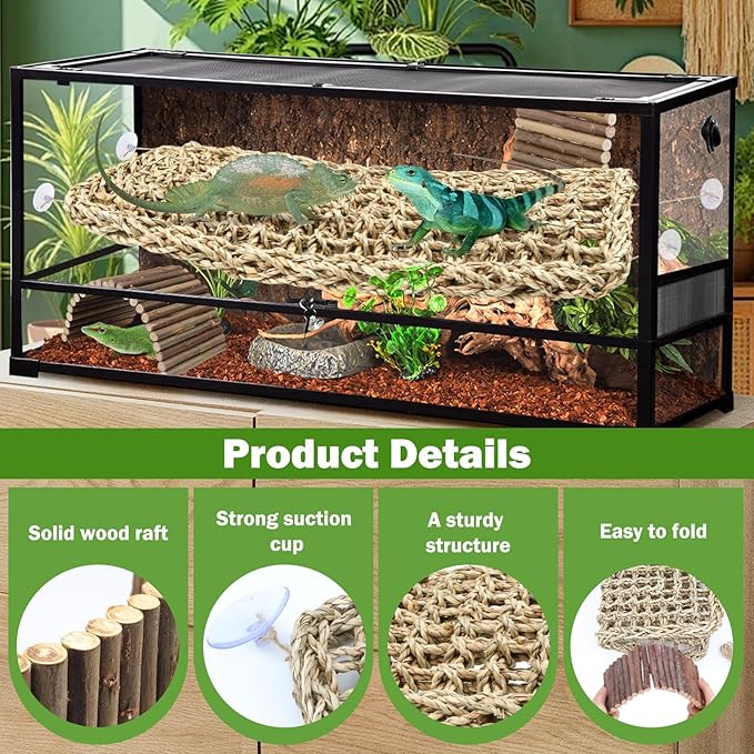 Bearded Dragon Tank Accessories, 3pack Reptile Habitat Hammock Natural Seagrass and Natural Wood Bendable Bridge for Climbing, Hermit Crab, Lizard, Mice, Spiders, Turtle, Snake