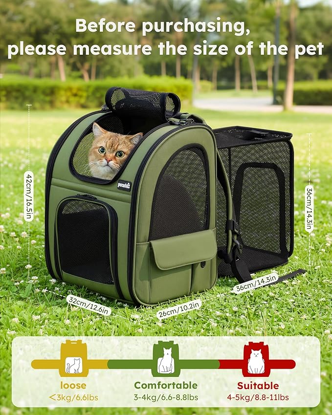 Pecute Expandable Cat Backpack Carrier, Backpack for Cats & Small Dogs Up to 11lbs, with 4-Side Breathable Mesh, Multi-Entry & Lockable Zippers for Travel, Hiking, Camping - Hands Free, Green