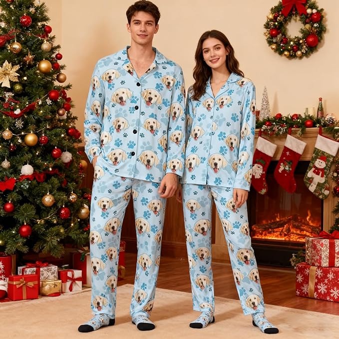 D-Story Personalized Pajamas with 1-8 Faces for Women Men, Custom Christmas Pjs, Pajamas Gifts For Family,Cat Mom,Dog Mom