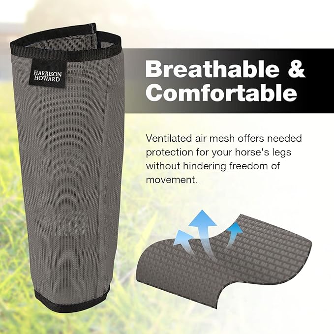 Harrison Howard Loose Fitting Fly Boots UV-Protective Extra Tough Mesh Ventilated Four Fasteners Stay-on Design Protect Horse Legs & Stomp-Reducing Set of 4 Dark Grey Large