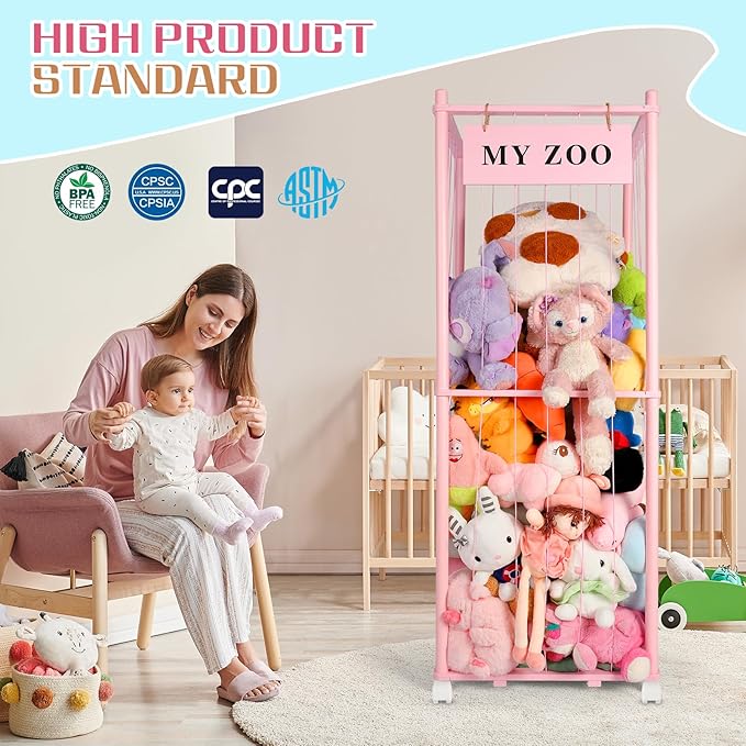 Stuffed Animal Storage Zoo with Wheels, Wooden Stuffed Animal Organizer with Elastic Cords, Space Saving Toy Plushies Storage Holder for Playroom, Bedroom, Living Room(Pink, Large)