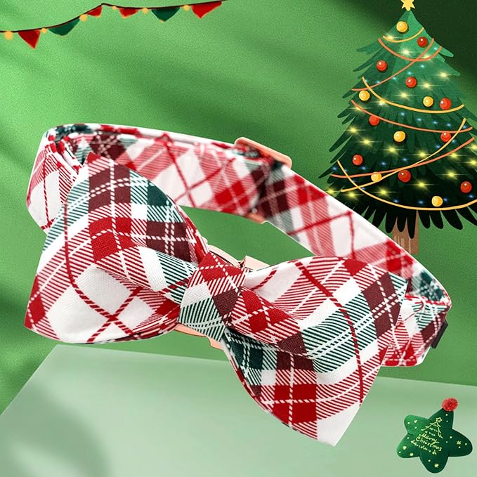 Dog Collar, Christmas Dog Collar Plaid Pet Collar Bow Holiday Bows Girl Boy Puppy Collar Adjustable Pet Collar for X-Small Dogs