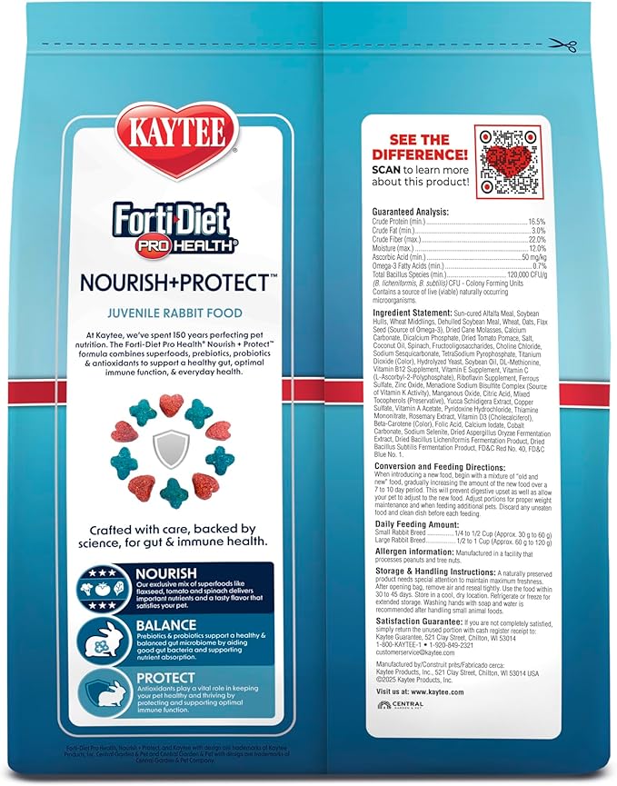 Kaytee Forti-Diet Pro Health Nourish+Protect Juvenile Rabbit Food, Comprehensive Nutrition Backed by Science, Digestive Health, Immune Support, 3 Pounds