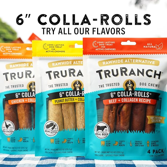 Collagen Rolls - 6" Collagen Rolls for Dogs - Long Lasting Healthy Joint Support - Rawhide Alternative - Skin & Coat Health - Made with Real Beef, Value Pack, 15 Bags, 60 Count