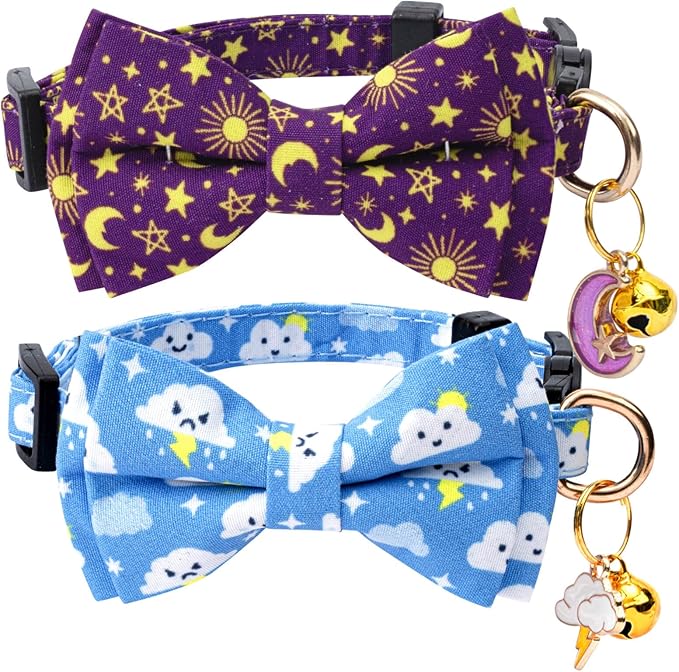 2 Pack Cotton Cat Collar with Bow Tie and Bell for Girl Boy Cats,Cute Pink Flamingo and Blue Whale Pattern Spring Summer Breakaway Cat Collar for Male Female Cats (Moon&Cloud)