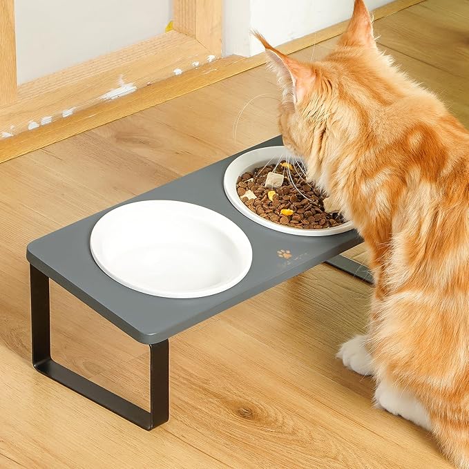 Sunhoo Elevated Cat Bowls for Indoor Cats Ceramic Kitty Dish Food Water Raised Tilted Puppy Feeding Sation with 4 Dishes Wooden Stand Pet Feeder Metal Legs Orthopedic ReducesVomiting（Grey）