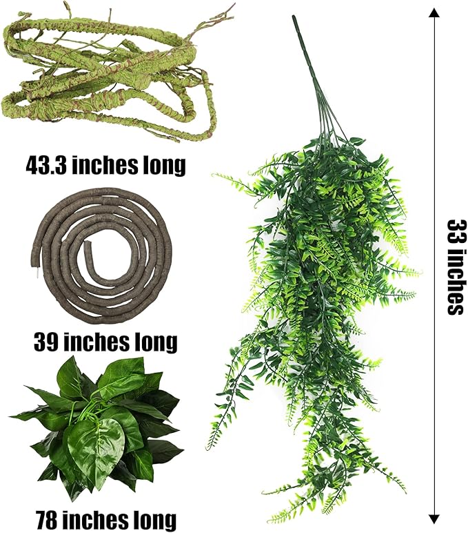 Fhiny 4 PCS Reptile Vines Plants Bendable Flexible Jungle Climbing Vines Plastic Leaves with Suction Cups Tank Accessories Habitat Decor for Bearded Dragons Lizards Snakes Geckos Frogs