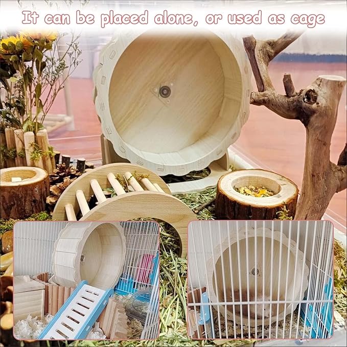 Hamiledyi Wooden Hamster Wheel, Small Pets Exercise Wheel, Silent Running Wheel for Gerbil, Mice, Guinea Pigs, Dwarf Syrian Hamster (8.26in)