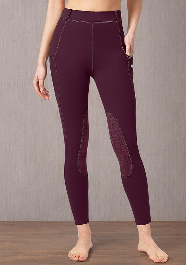 SANTINY Women's Horse Riding Pants with Zipper Pockets Knee-Patch Schooling Tights Equestrian Breeches for Women