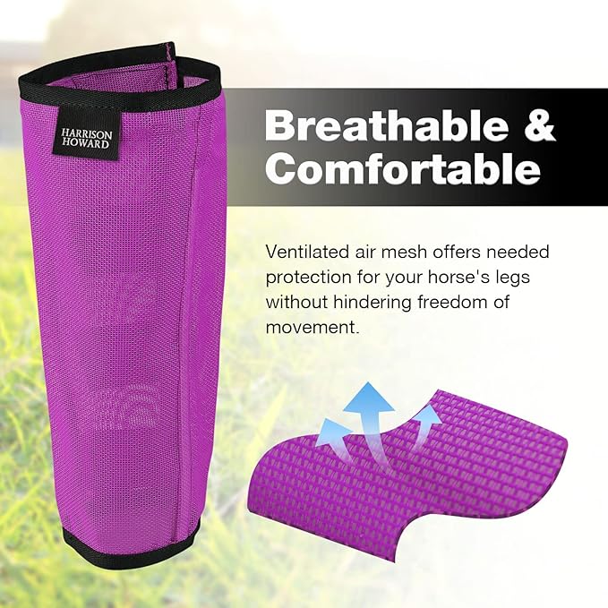 Harrison Howard Loose Fitting Fly Boots UV-Protective Extra Tough Mesh Ventilated Four Fasteners Stay-on Design Protect Horse Legs & Stomp-Reducing Set of 4 Purple Large