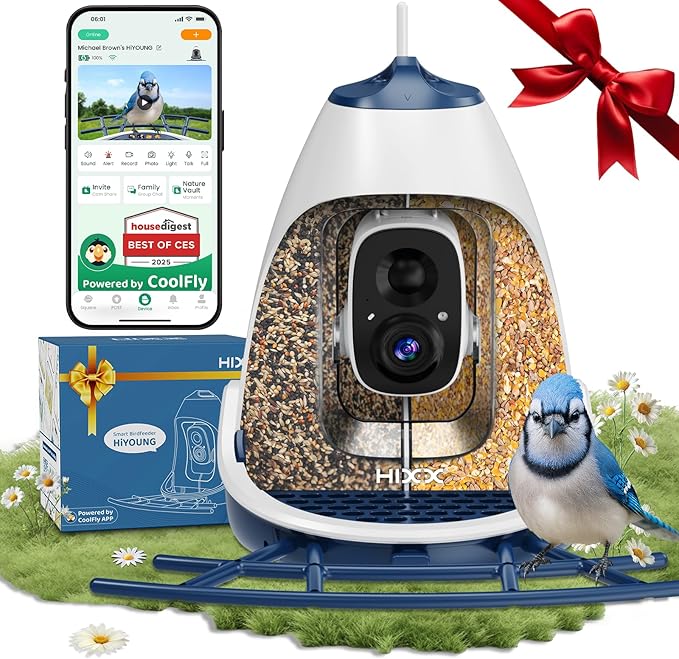 Smart Bird Feeder with Camera Solar Powered, Wireless Outdoor Smart Birdhouse with Built-in 2K HD Camera, Dual Seed Chambers & Spill Resistant, Motion Alerts & App Sharing–Ideal for Bird Lovers