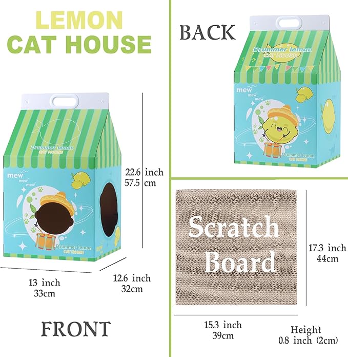 Cardboard Cat House with Scratcher - Blue Lemon Carton Milk Box -13''L x 13''W x 22.5''H for Cats up to 16 Lbs - Portable Handle for Easy Transportation - Indoor Cat Playhouse & Hideaway