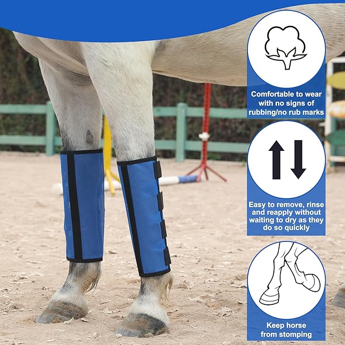 Horse Fly Boots Set of 4 - Non-Slip Leg Guards Extra Tough Mesh Ventilated, Adjustable Horse Fly Leggings Reduce Stomping & Hoof Stress & Leg Fatigue RoyalBlue Large