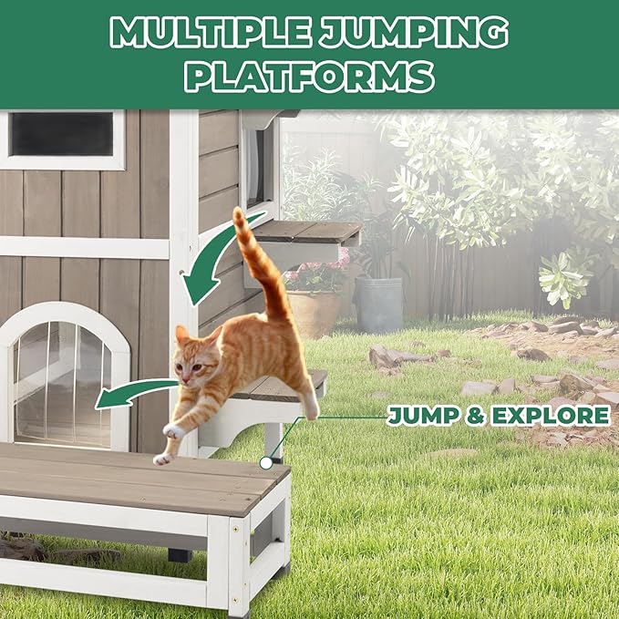 Outdoor Cat House Weatherproof, Wood Two Story Cat House with Openable Roof, 4 Doors, Balcony, Outside Indoor Pet House Feral Cats Shelter with Jumping Platforms for Small Animals, Grey
