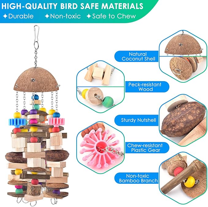 KATUMO Bird Toys, Large Parrot African Grey Wooden Chew Toys for Macaw Medium to Large Birds
