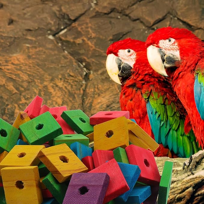 Parrot Toys 100 Pcs Wooden Blocks Bird Chewing Trim Beak Foot Craft Cage Part Mini Wood Chip Charms DIY Playing Chewing Shredding Mixed Large Bird Toys