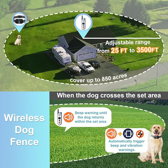 MIMOFPET Wireless Dog Fence System with Training Remote - Up to 3500ft Adjustable Electric Fence,Waterproof Training Collar Rechargeable,Pet Containment System for Large Medium Dogs