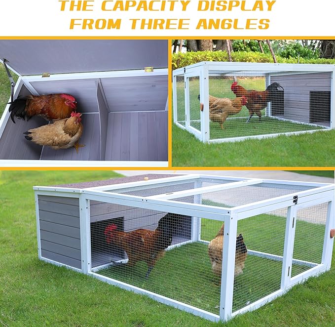 Chicken Coop with Run, 60” Rabbit Hutch Outdoor, Large Tortoise Habitat Pet Cage Wood Small Animal Poultry Cage Run with Waterproof Asphalt & Openable Roof and Side Door