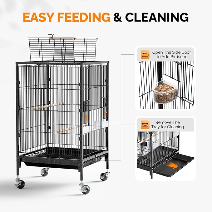 VINGLI Bird Cage with Wheels, 38-Inch Open Top Wrought Iron Bird Cage, Rolling Parakeet Cage for Cockatiels Lovebird Finches Canaries