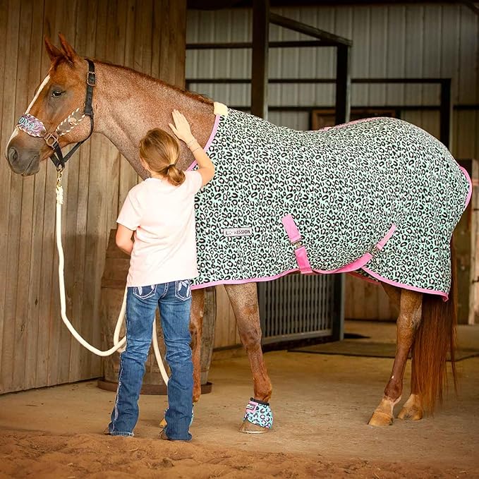 Jeffers Expression Fleece Cooler for Horses, Standard Neck, Party Cheetah 72"- Equine Towel Blanket, Moisture Absorbent, Light Weight, Best for Drying, Exercise, Bathing, Adjustable Belly Bands