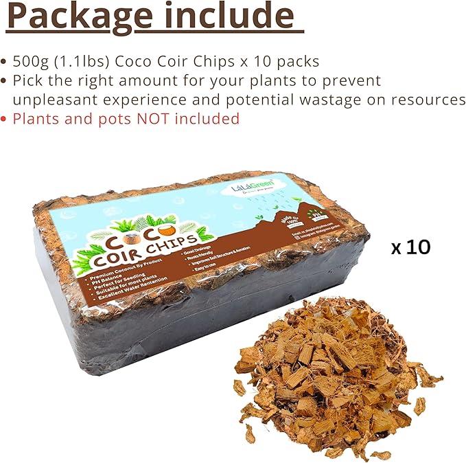 LaLaGreen Coconut Coir Chips for Plants (500g, 10 Pack) Indoor Herb Garden Seedling and Plant, Outdoor Planting Soil Vegetable Flower Orchids, Organic Compressed Coco Fiber Husk Chips Brick Peat Moss