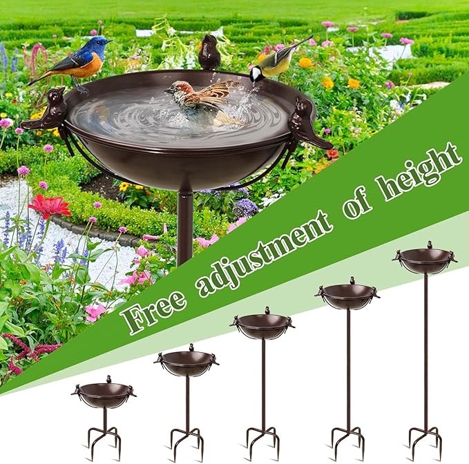 Freestanding Birdbaths Bowl Outdoor, Standing Garden Bird Bath Feeder Bowl with 3 Bird Statues, Birdbath & Birdfeeder with Metal Stake Garden Yard Lawn Decor (Brown)