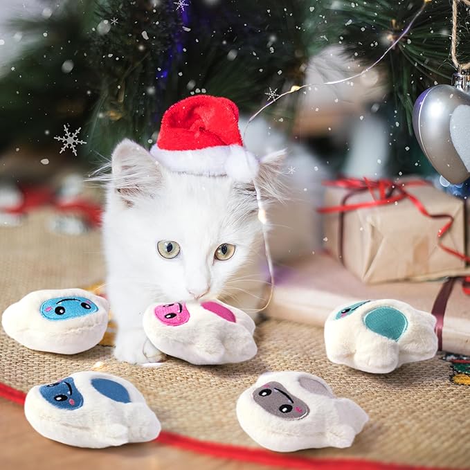 MALLMALL6 Snow Monster Catnip Toys - 5Pcs Winter Christmas Catmint Interactive Cat Toy for Indoor Kitten, Soft Plush with Cute Expression Supplies, Kitty Teething Chew Toy Set Xmas Gifts for Cat Lover