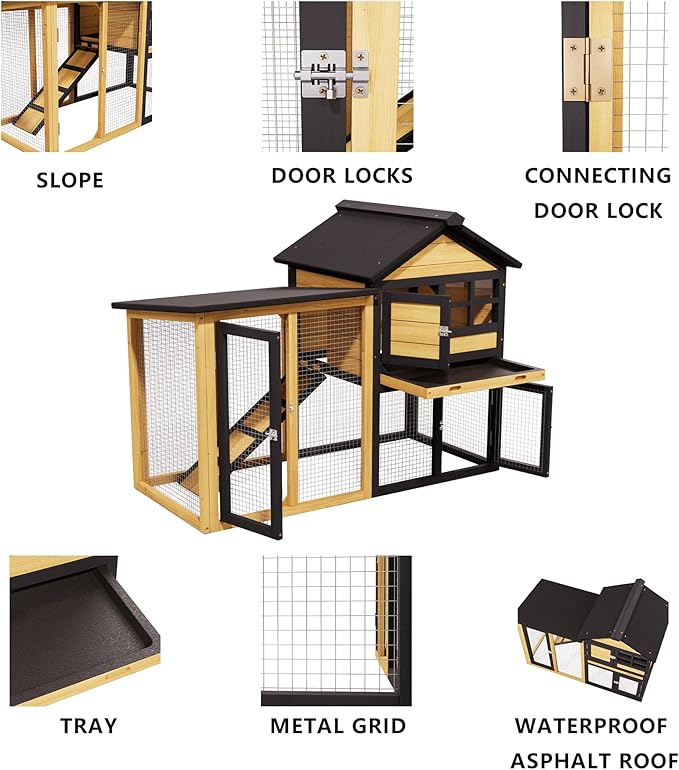 Chicken Coops Outdoor Wooden Double-Decker Chickens with Deep Push-Pull Trays, Non-Slip Slopes, Waterproof Asphalt Roof Suitable for a Variety of Animals (Yellow Black)