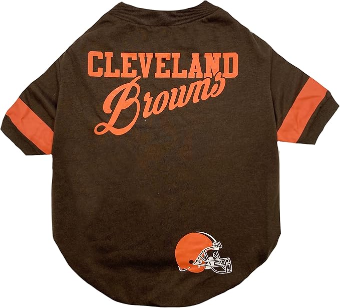 Pets First NFL Cleveland Browns Dog & Cat T-Shirt, Small. Football Pet Shirt with Team Name & Logo, Striped Sleeves, Poly-cotton Material, Brown, Unisex, Sports Fashion, Casual Wear