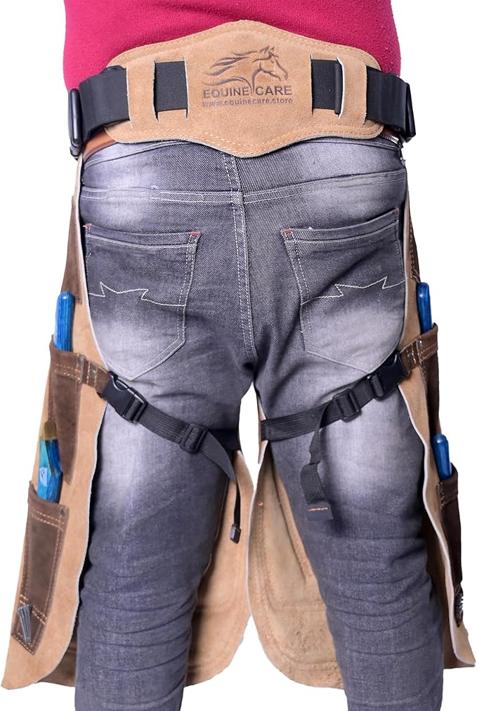 Equine Care Farrier Apron Chaps – Cowhide Suede Leather, Foam Padded Thigh and Back Support, Adjustable Waist, Tool Pockets, Magnetic Nail Holders (29 inches (70 cm))