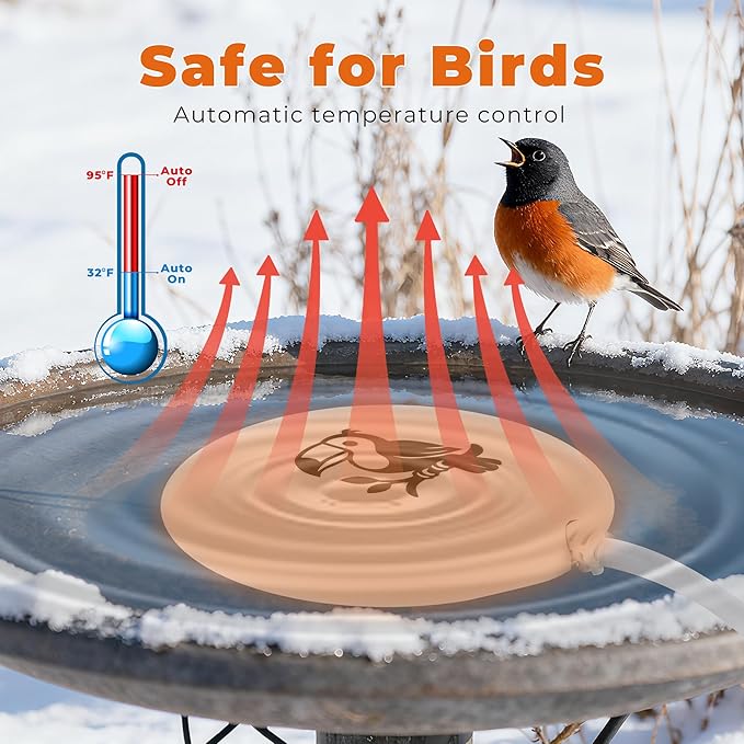 Bird Bath Heater | Pond De-icer, Safety Thermostatically Controlled with Auto Shut-Off, Cast Aluminum Submersible Outdoor Water Heater for Birdbaths, Chicken and Small Animals, 3.6ft Power Cord, 70W