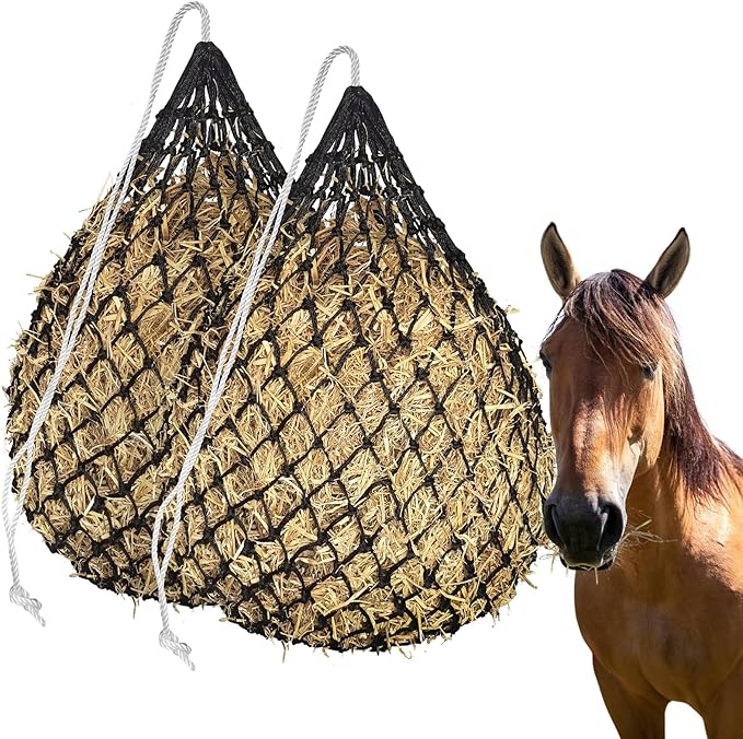 2 PCS Slow Feed Hay Net,36 Inch Length Hay Nets for Horses, Goats,Sheep,Donkey,Premium PE Material Hay Feeder Net Easy to Hang with Top Drawstring