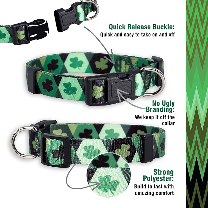 Native Pup St Patricks Dog Collar- Saint Patrick Green Shamrock Pet Collars- St. Patrick’s Lucky Irish- Cute Boy Girl Puppy Gift- Adjustable for Small, Medium, Large Breeds (Argyle, Large)