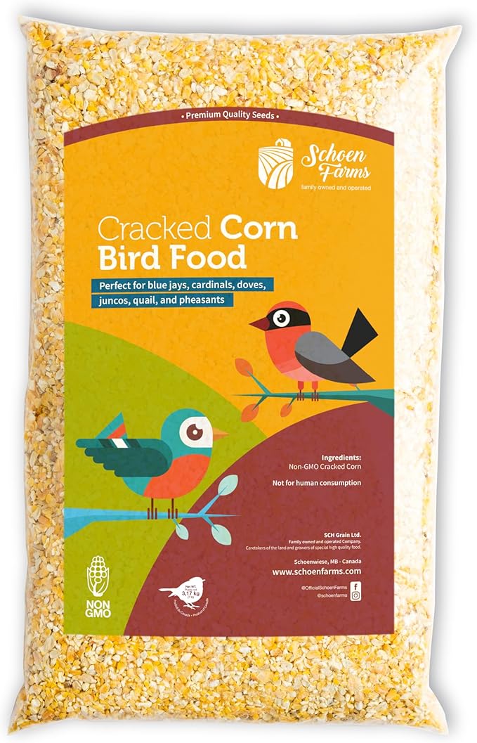 Schoen Farms Non-GMO Cracked Corn Wild Bird Food – 7 lb Bag – Natural Backyard Feed for Doves, Jays, Ducks, Pheasants & Squirrels