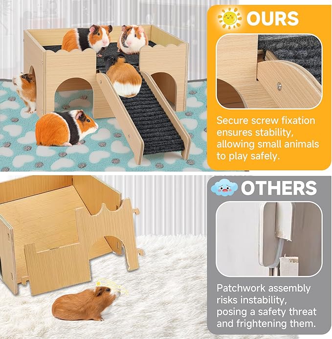 Wooden Guinea Pig Hideout Castle with Stairs,Small Animal Bed Hut Habitats Spacious 2-Level Detachable Small Pet House for Rabbits, Hamsters & Chinchillas Bunny (Grey)