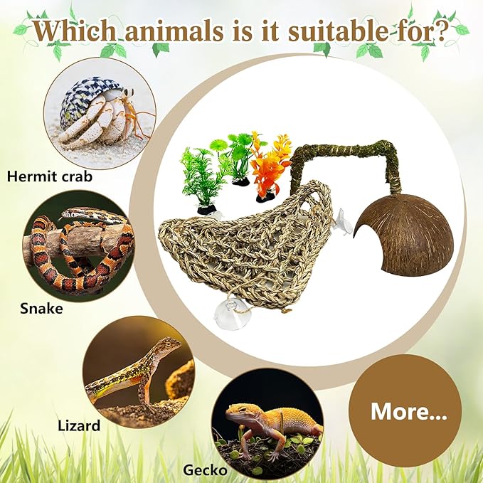 6 PCS Hermit Crab Accessories Set Small Bendable Moss Hermit Crab Climbing Toys Coconut Shell Hut Climbing Hammock with Suction Cup Plastic Plants for Reptile Amphibian