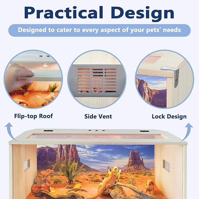 Prolee 63 Gallon Reptile Tank, Tempered Glass Bearded Dragon Tank with Wooden Roof and Lockable Doors, Large Lizard Habitat for Snakes, Iguanas, Chameleons (Oak) (Oak, 63 gallons,40x20x20 inch)