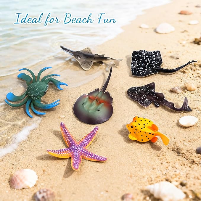Sea Animals Toys Figures 21Pcs, Plastic Marine Creature Shark Fish Starfish Crab Lobster Octopus Seahorse Coral Jellyfish Ocean Life for Kids Birthday Party Favor Cake Decoration