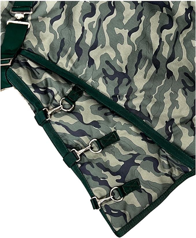 AJ Tack 1200D Waterproof Winter Horse Blanket with Hood - 400g Heavyweight Turnout with Fleece Collar, Shoulder Gussets & Tail Flap - Camouflage 78"