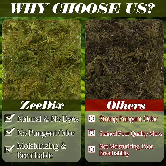 ZeeDix 1.1 lb Premium Sphagnum Moss for Reptile,25 qt Green Natural Reptile Moss Bedding for Terrarium Plants, Long Fiber Reptile Moss for Leopards, Geckos, Snakes, Turtles, Frogs
