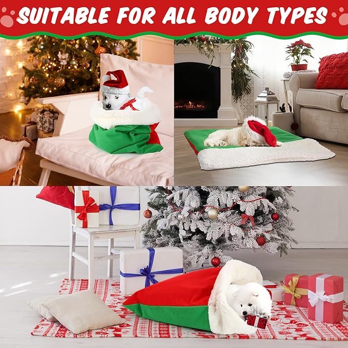 Self Heating Cat Sleeping Bag Indoor Self Warming Cat Bed Cave Heated Pad Cozy Soft Winter Washable Wrap Pet Snuggle Sack Pouch for Puppy Dog Kitten, 24 x 21 Inch (Festive,Red and Green)